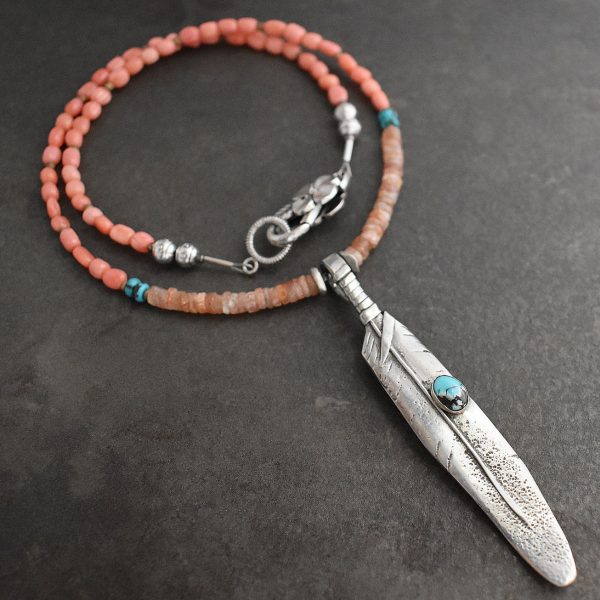 Southwest Feather Necklace with pink coral