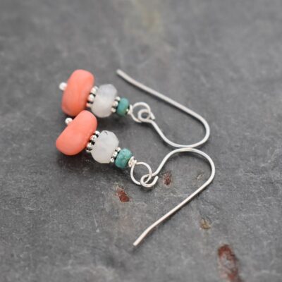 Turquoise, Moonstone, Pink Coral Earrings Turquoise, moonstone, pink coral earrings (3)