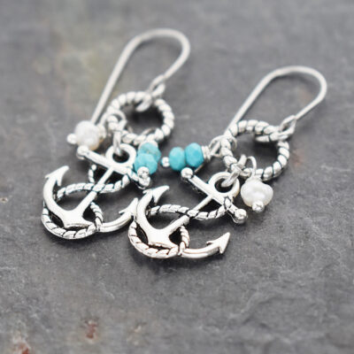 Nautical Anchor Earrings silver anchor on a silver ring with white pearls and blue gemstone Earrings