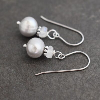 Moonstone & Pearl Earrings white gemstone with silver pearl earrings