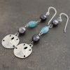 gray pearls and blue gemstones with silver sand dollar earrings