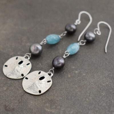 gray pearls and blue gemstones with silver sand dollar earrings
