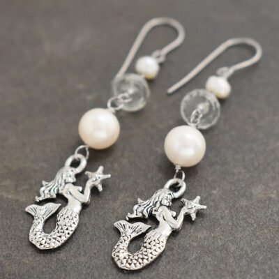 Mermaid Earrings silver Mermaid Earrings with white pearls and green amethyst gemstone