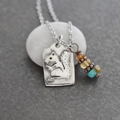silver pewter squirrel pendant with gemstone charm