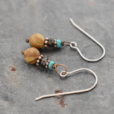 blue Turquoise, smoky quartz, brown jasper gemstone earrings