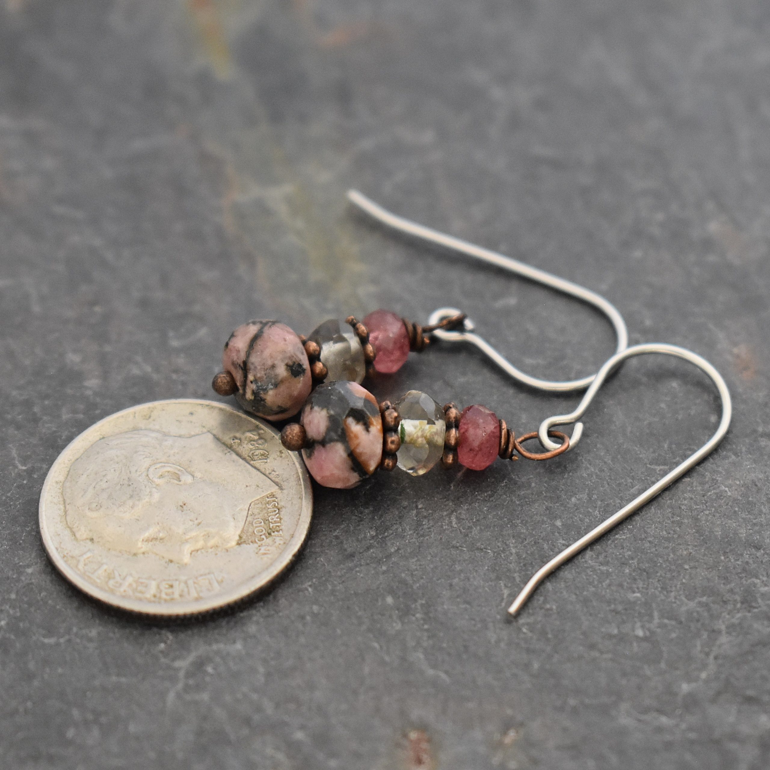 Strawberry , smoky quartz, rhodonite earrings (1)