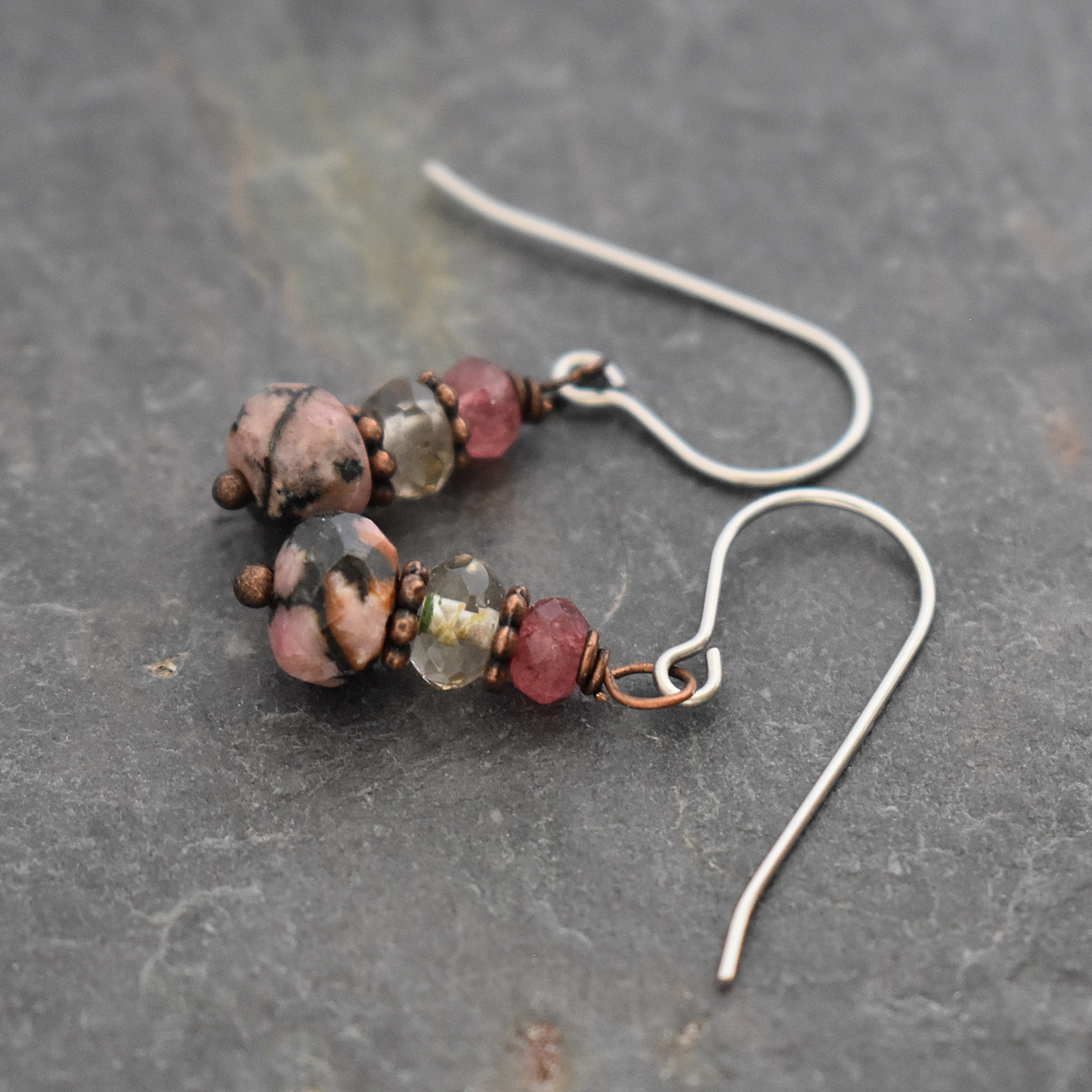 Strawberry , smoky quartz, rhodonite earrings (3)