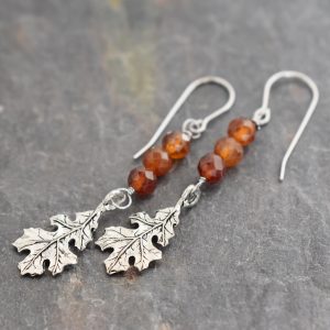 Rust brown gemstones with silver oak leaf earrings