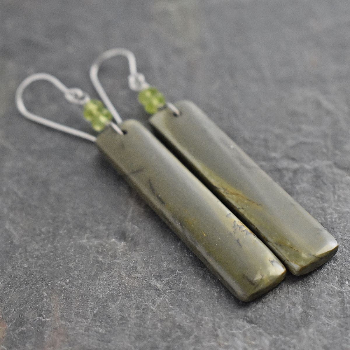 green & gray long gemstone earrings