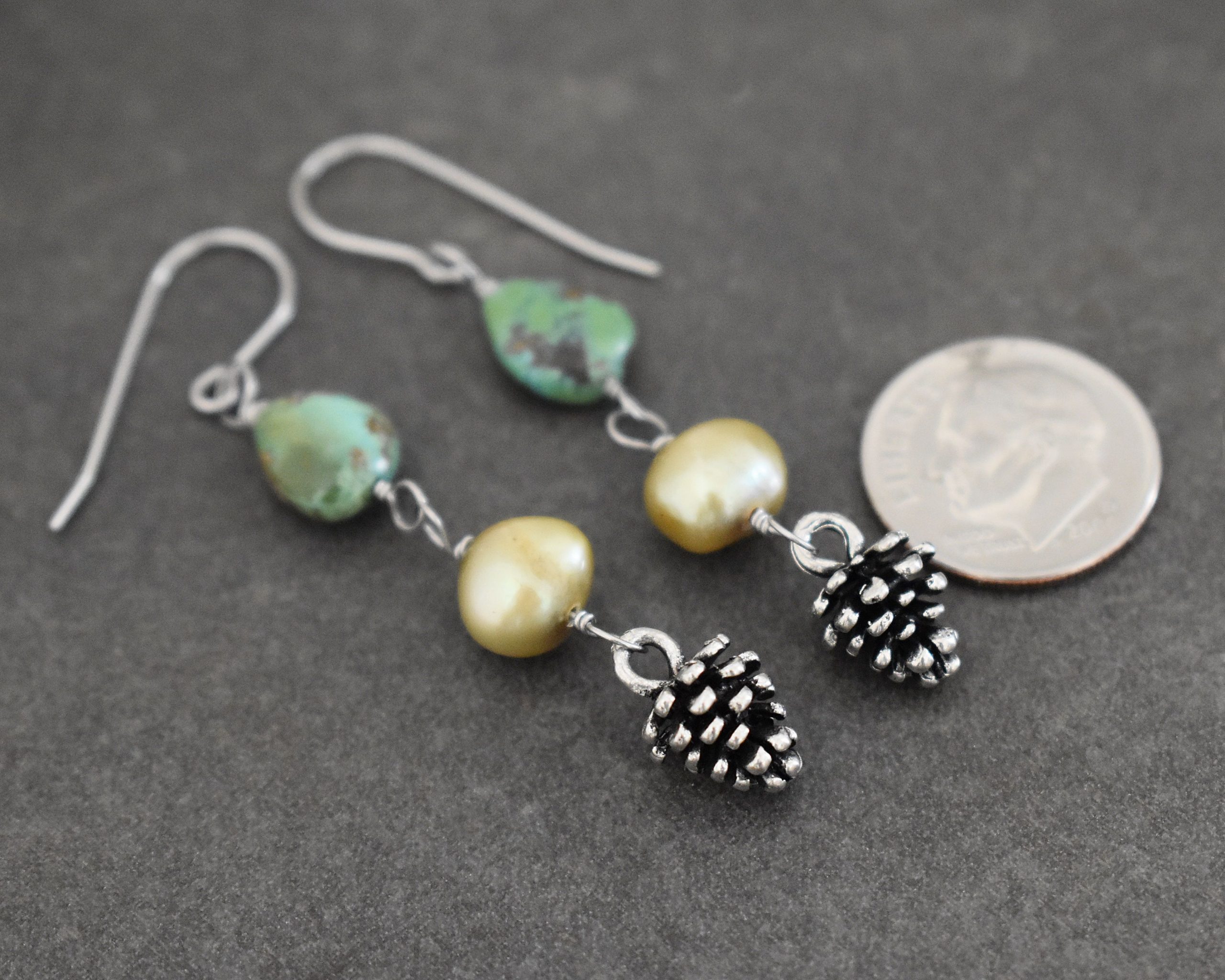 turquoise pearl pine cone earrings
