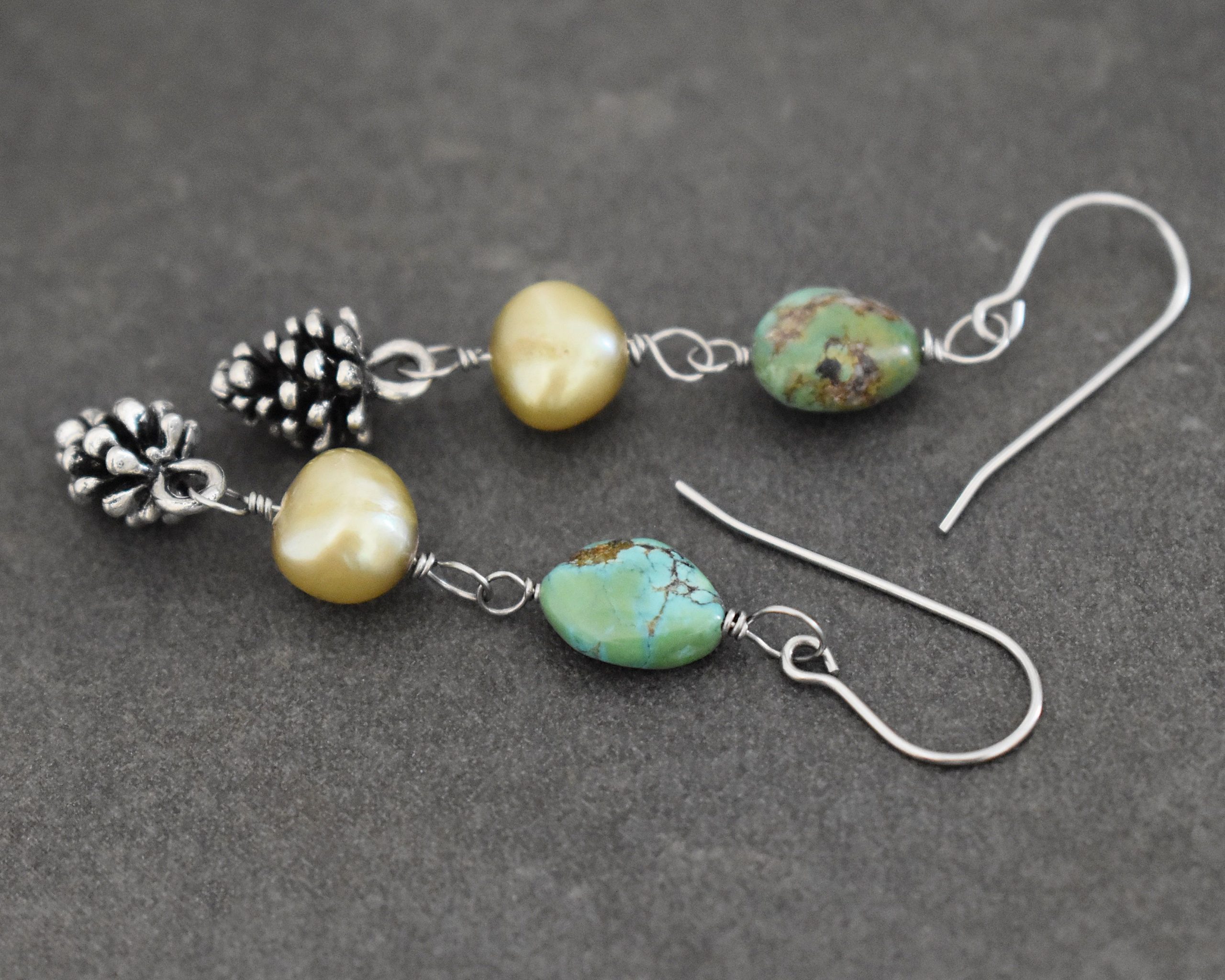 turquoise pearl pine cone earrings