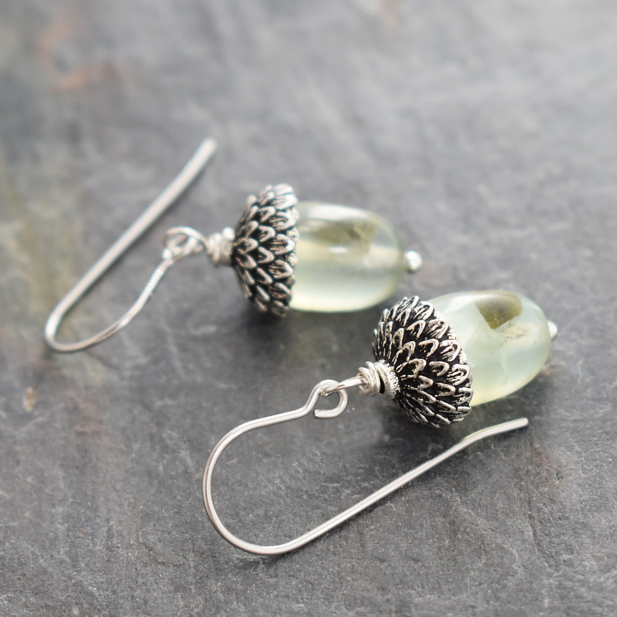 Silver acorn prehnite gemstone earrings (2)