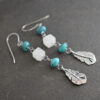 Turquoise and moonstone feather Earrings turquoise white gemstone with silver feather earrings