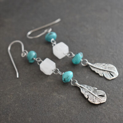 Turquoise and moonstone feather Earrings turquoise white gemstone with silver feather earrings