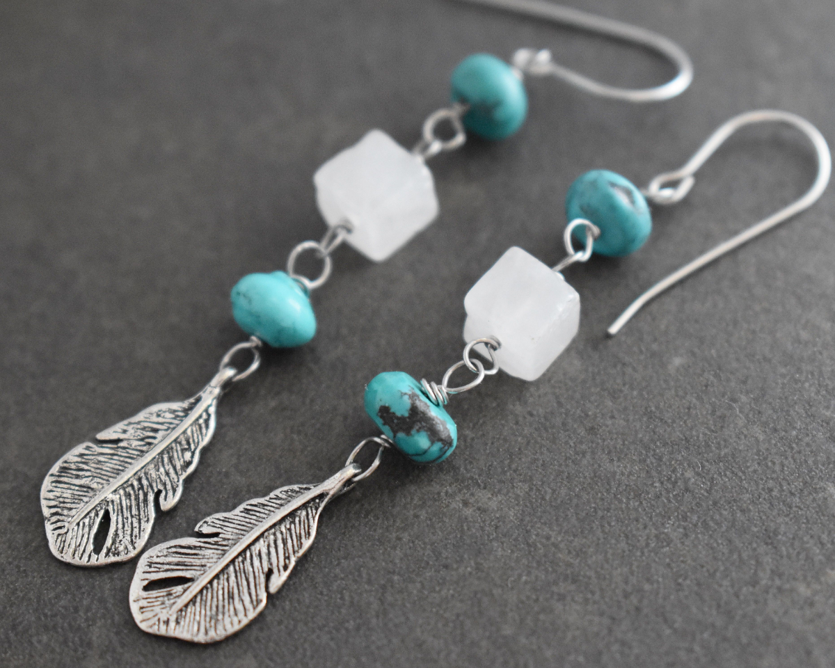 Turquoise and moonstone feather Earrings