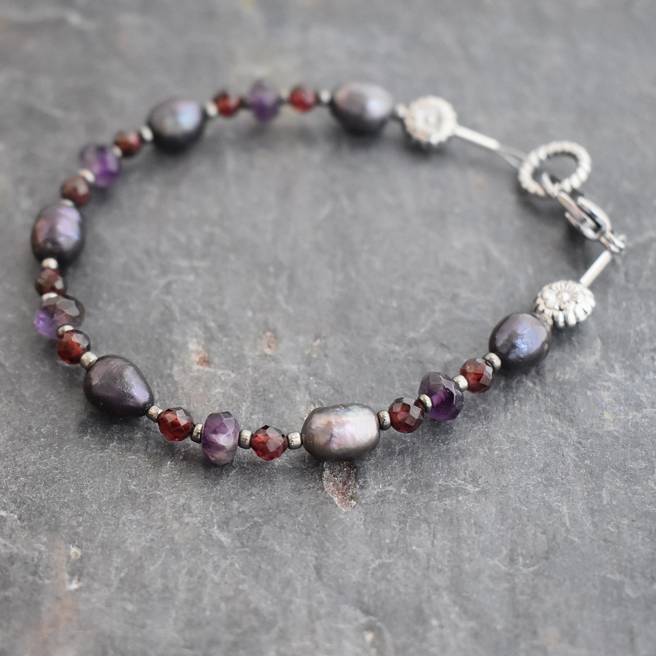 Peacock pearl, garnet, amethyst bracelet