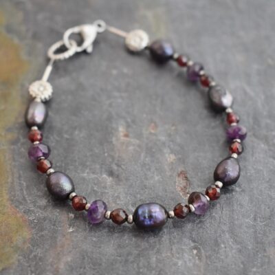 Peacock pearl, garnet, amethyst bracelet