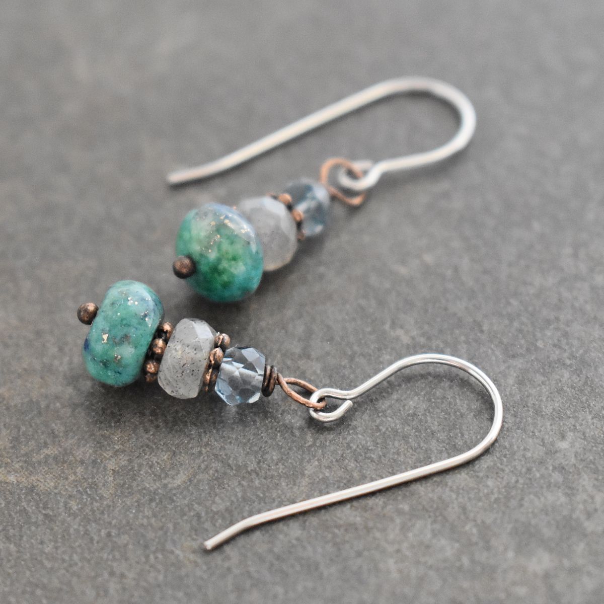 Blue quartz, labradorite, azurite earrings