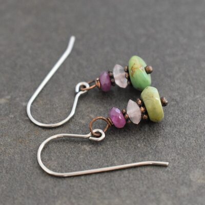 Ruby, rose quartz and turquoise earrings