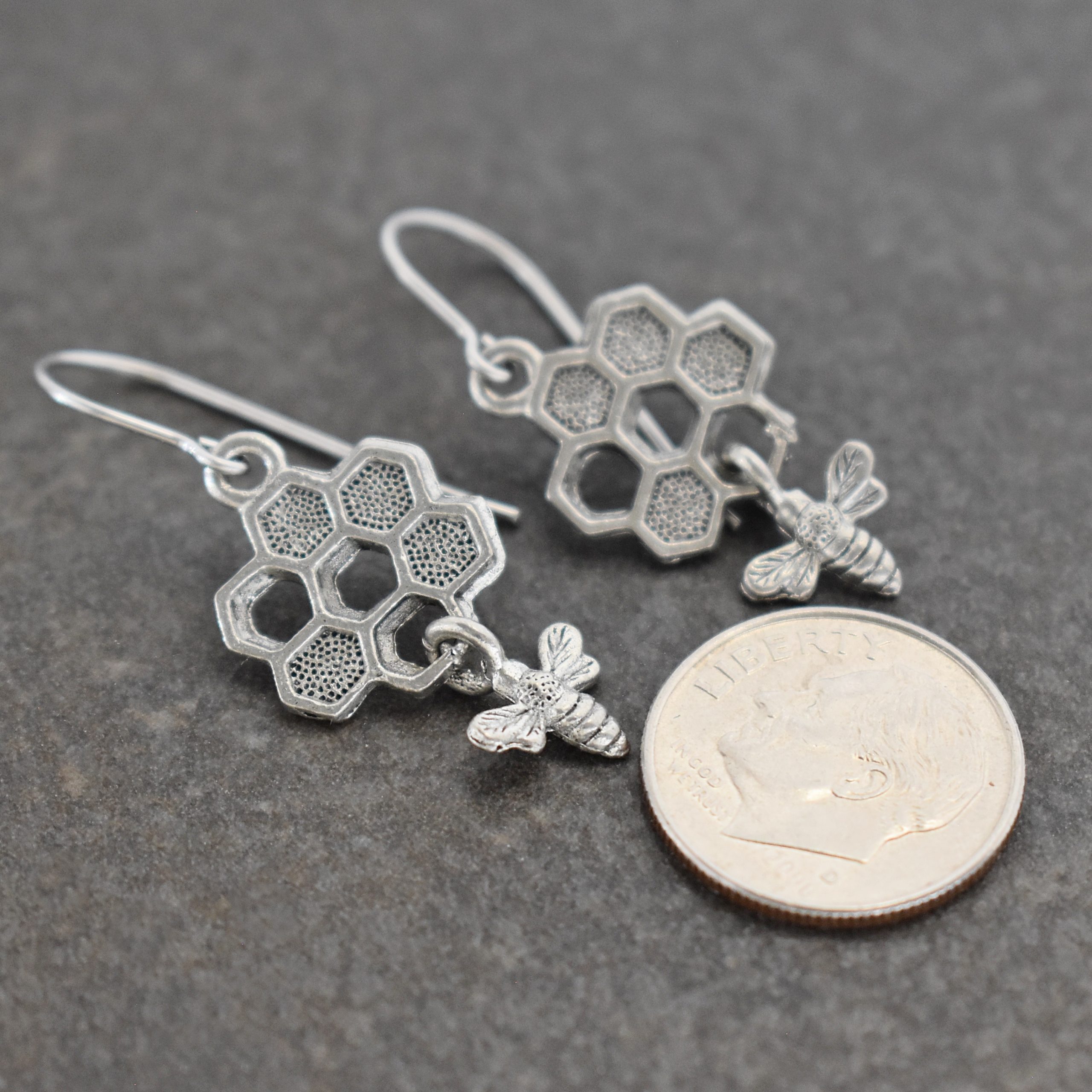 Silver Honeycomb bee Earrings (1)
