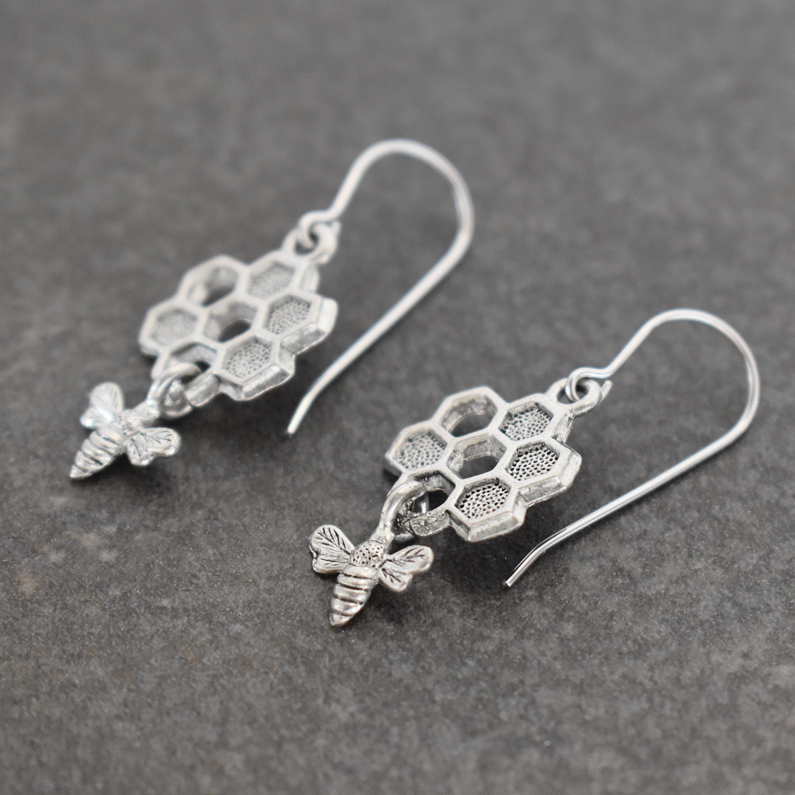 Silver Honeycomb bee Earrings (2)