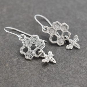 Silver Honeycomb Bee Earrings