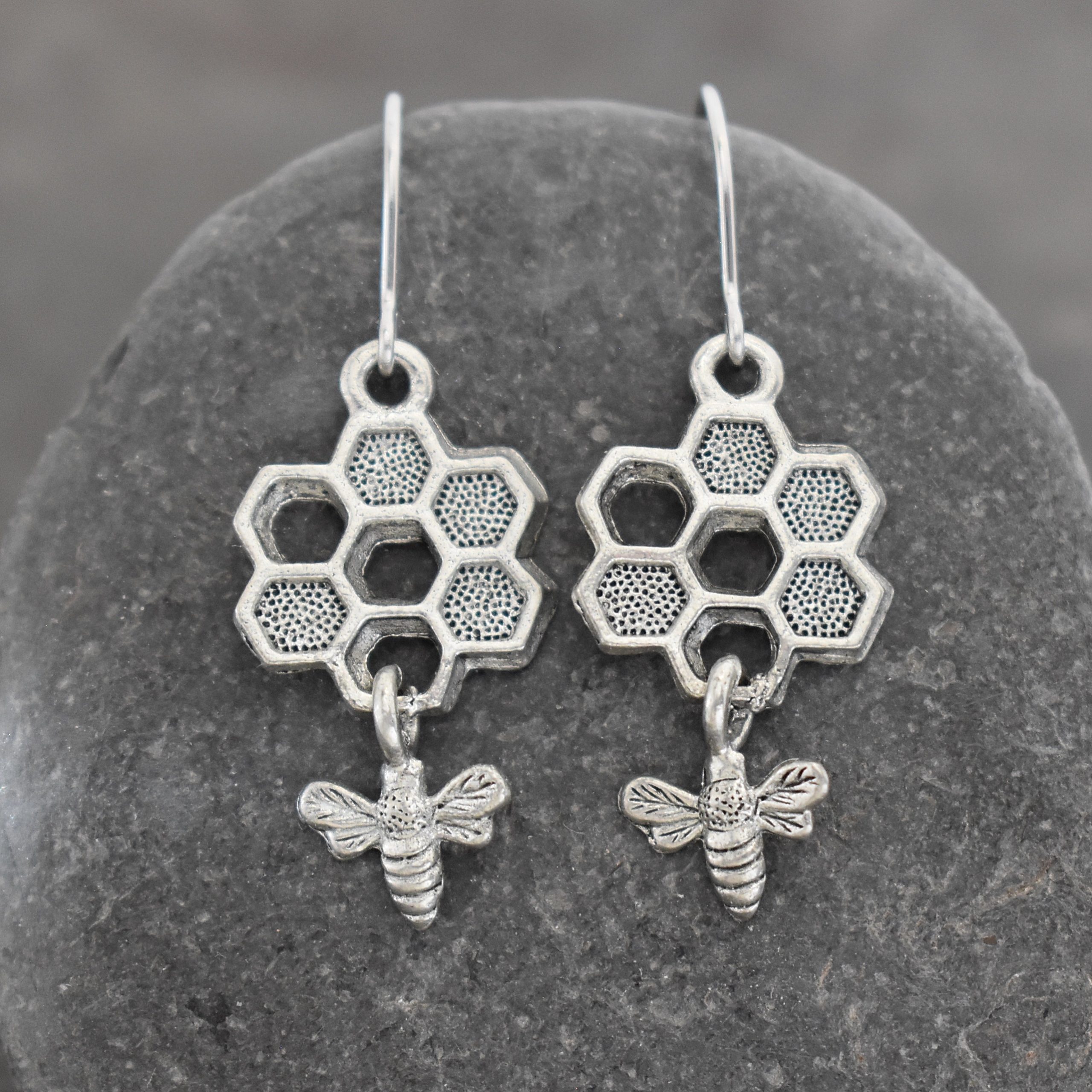 Silver Honeycomb bee Earrings (4)