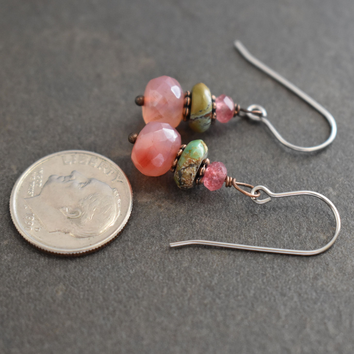 Strawberry Quartz, Turquoise, Pink Chalcedony copper earrings (3)_result