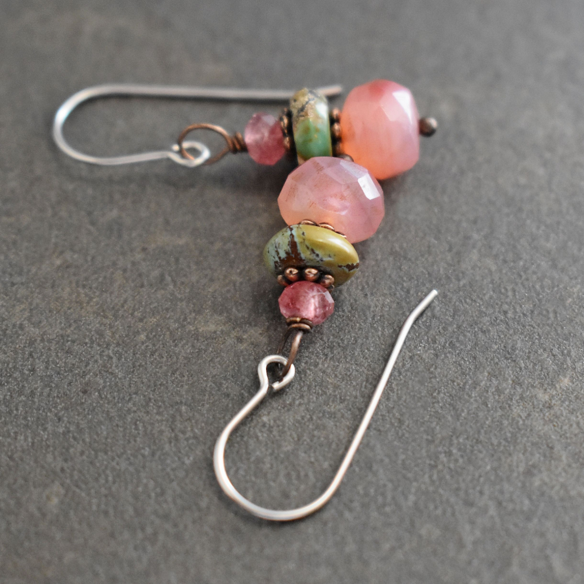Strawberry Quartz, Turquoise, Pink Chalcedony copper earrings (4)_result