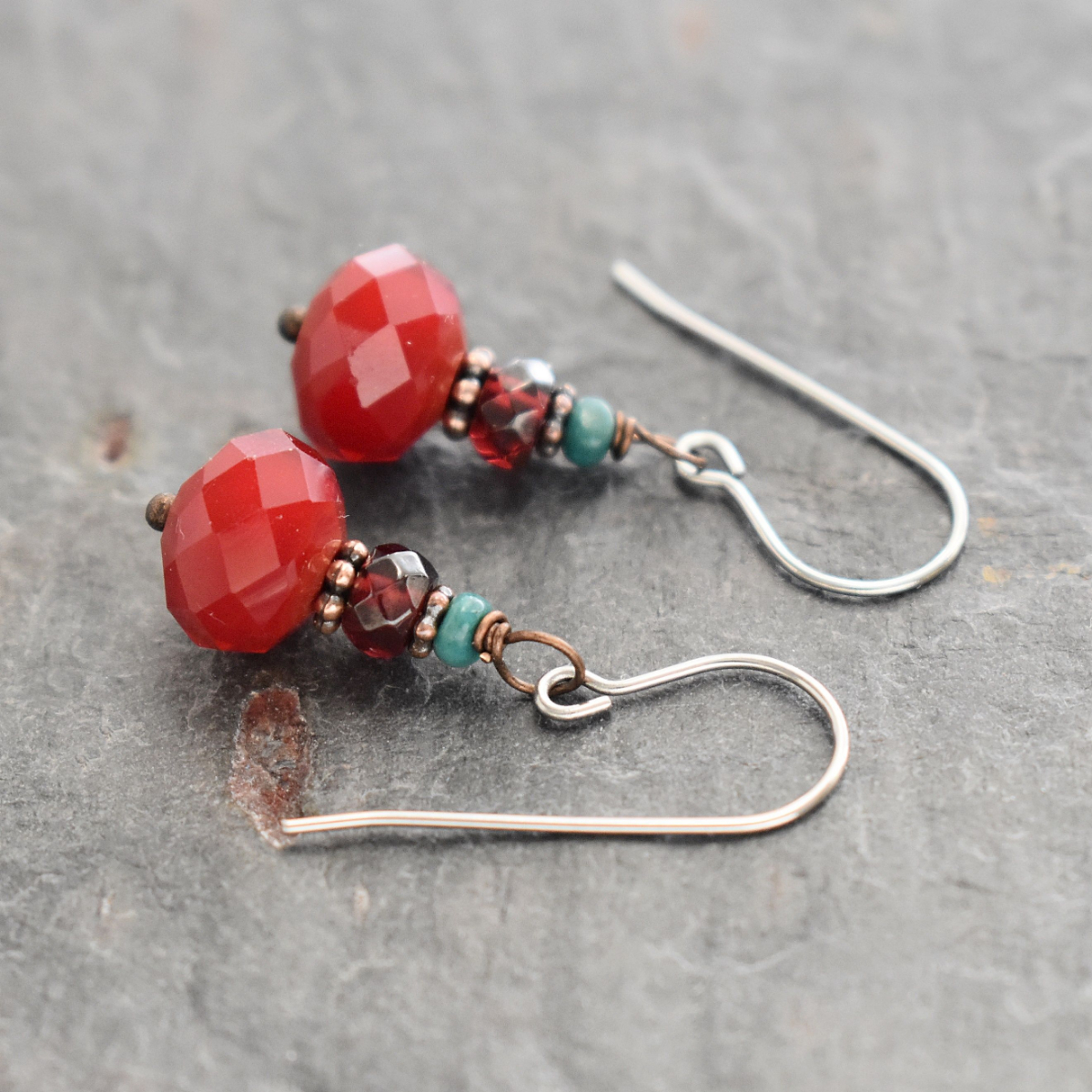 Turquoise, Garnet, Red Quartz earrings (3)