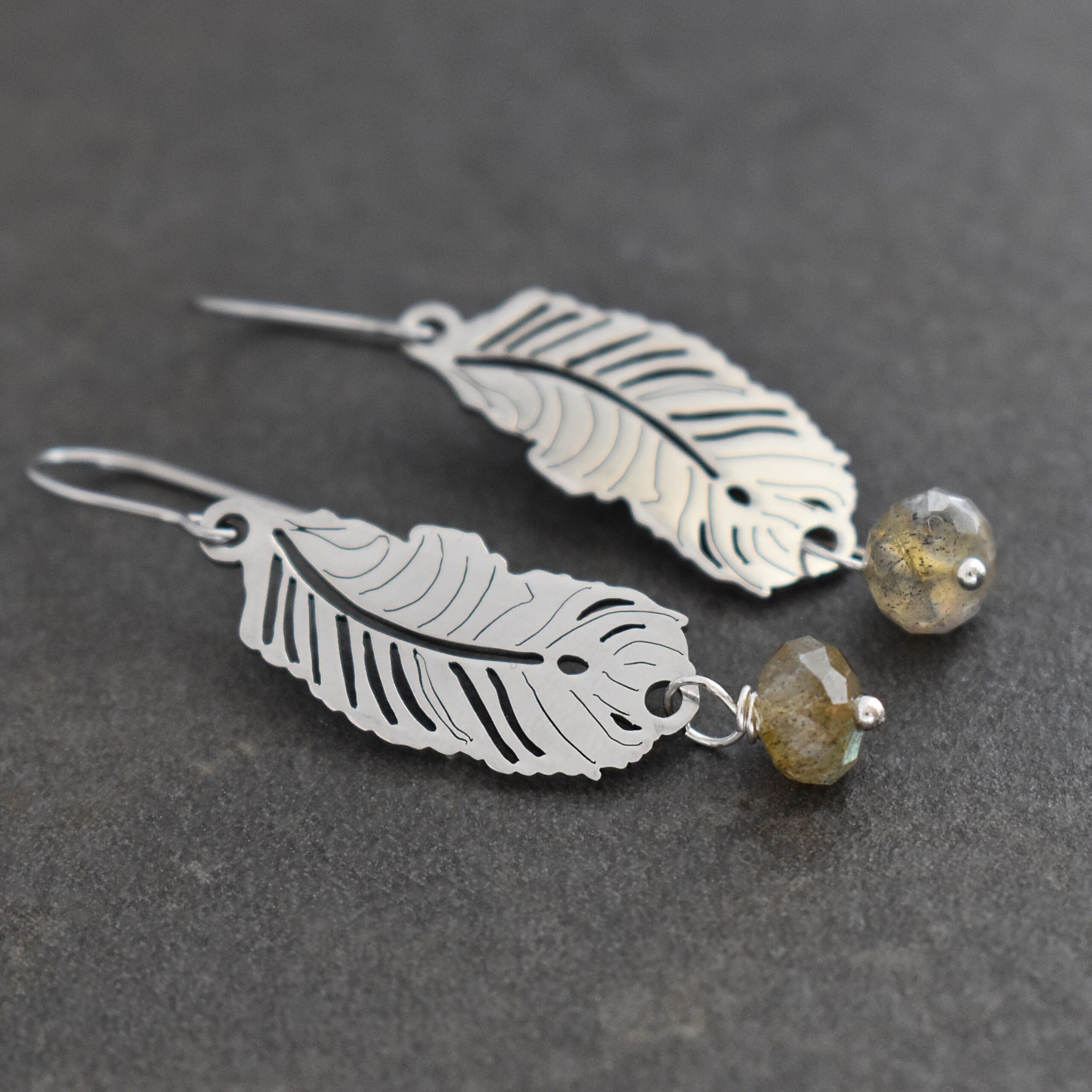 Handmade silver feather earrings with round blue-flash labradorite gemstone beads