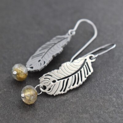 handmade boho feather and labradorite earrings Handmade silver feather earrings with round blue-flash labradorite gemstone beads