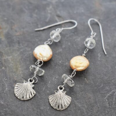 Gemstone Pearl Scallop Seashell Earrings