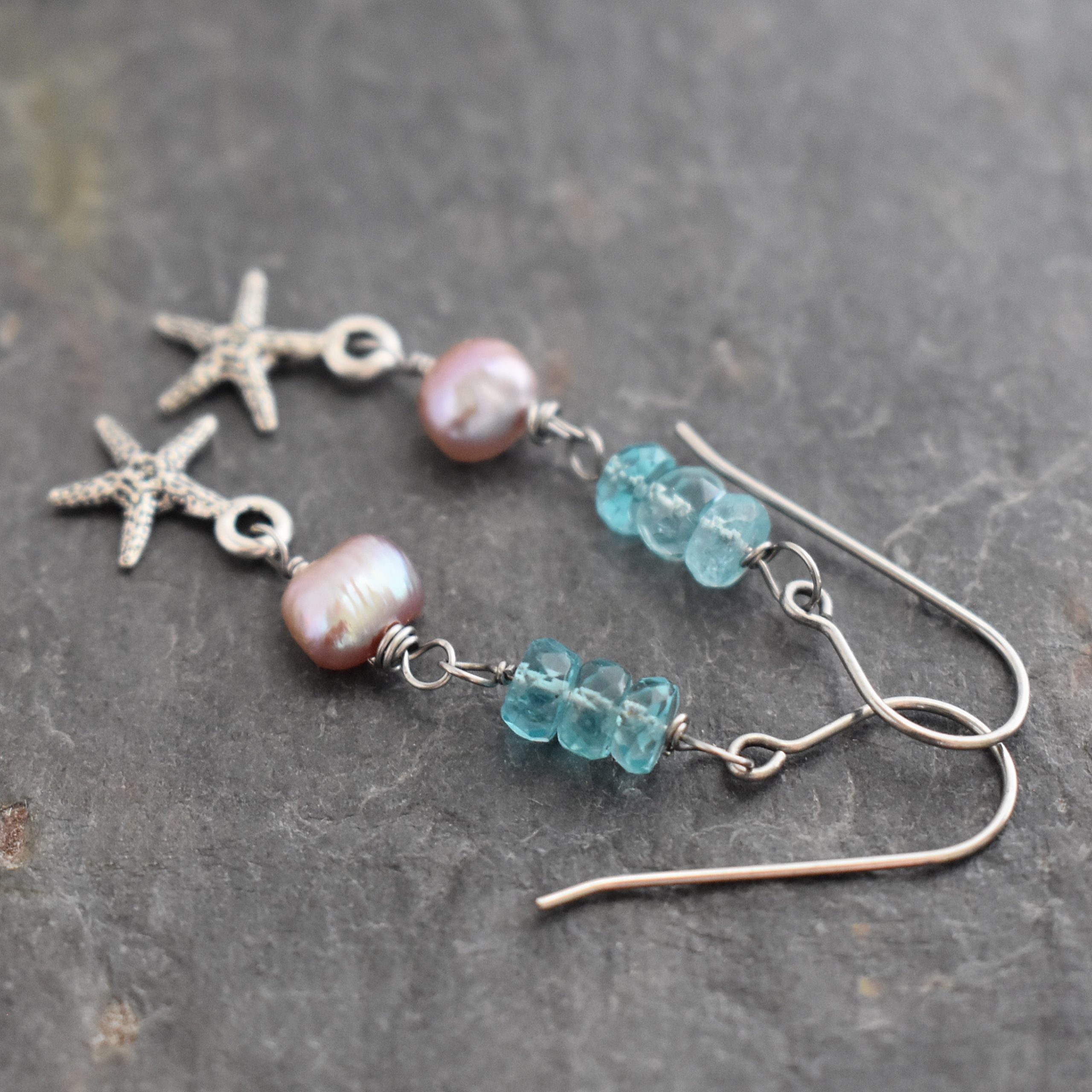 Blue apatite pearl starfish earrings (1)