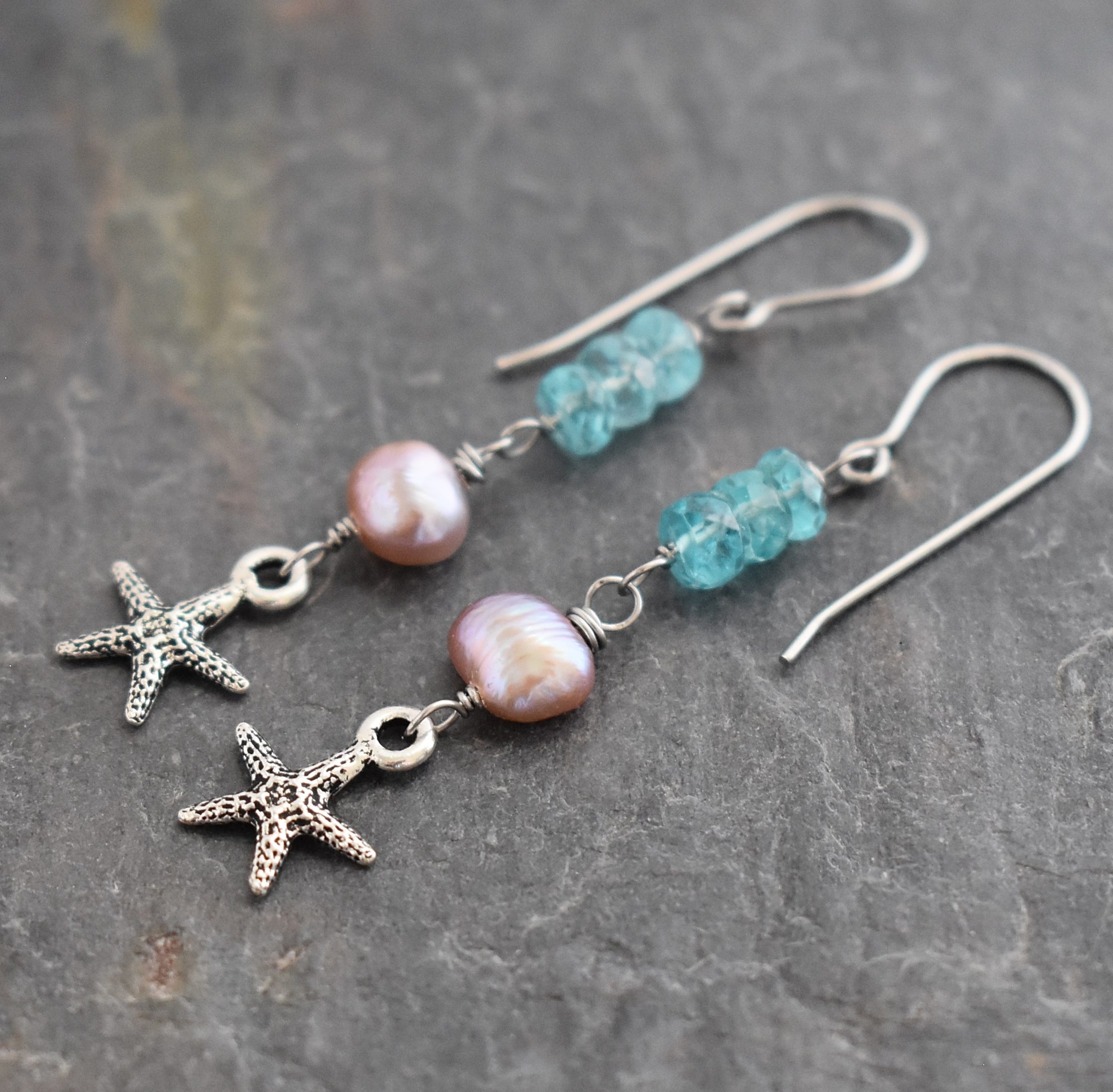 Blue apatite pearl starfish earrings (2)