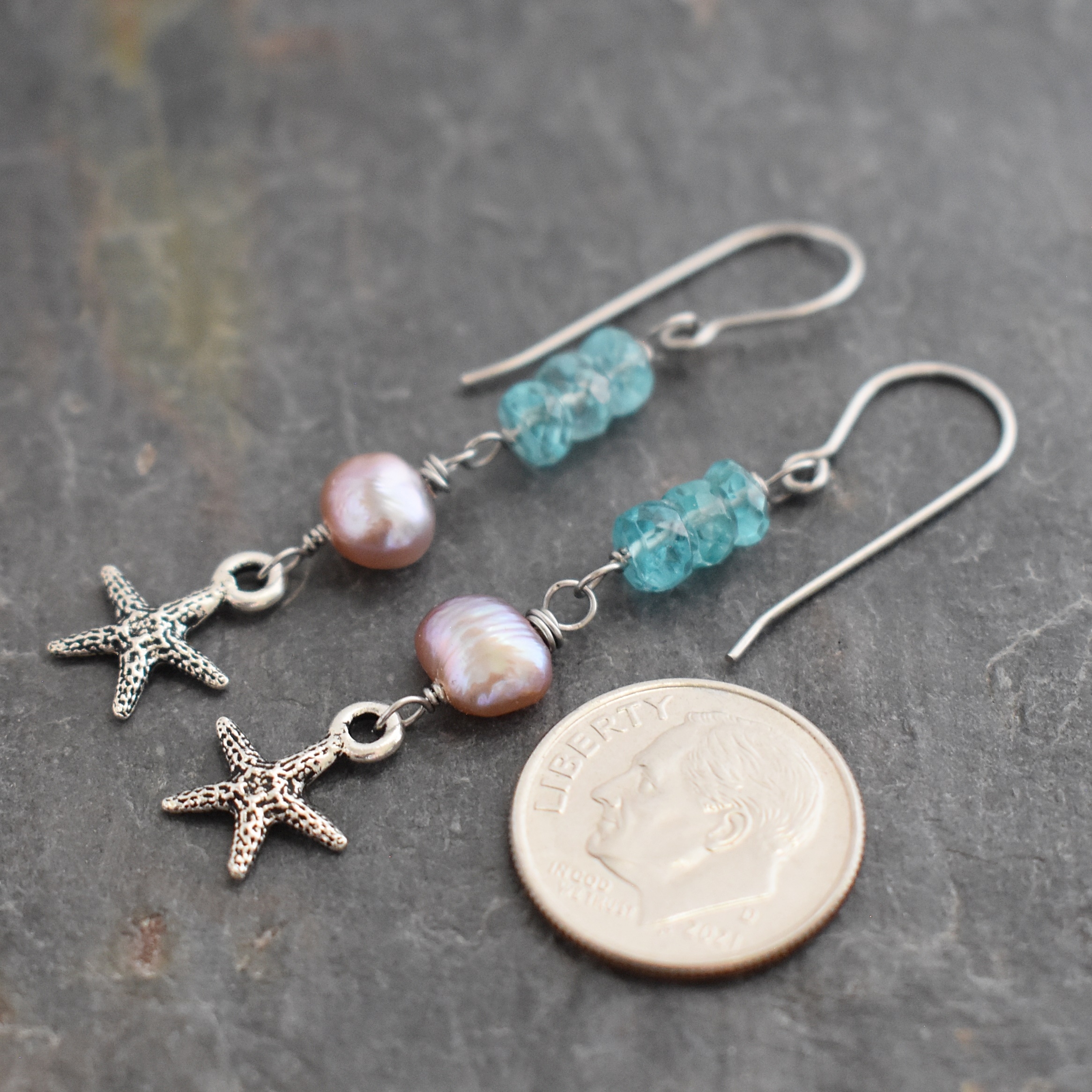 Blue apatite pearl starfish earrings (3)