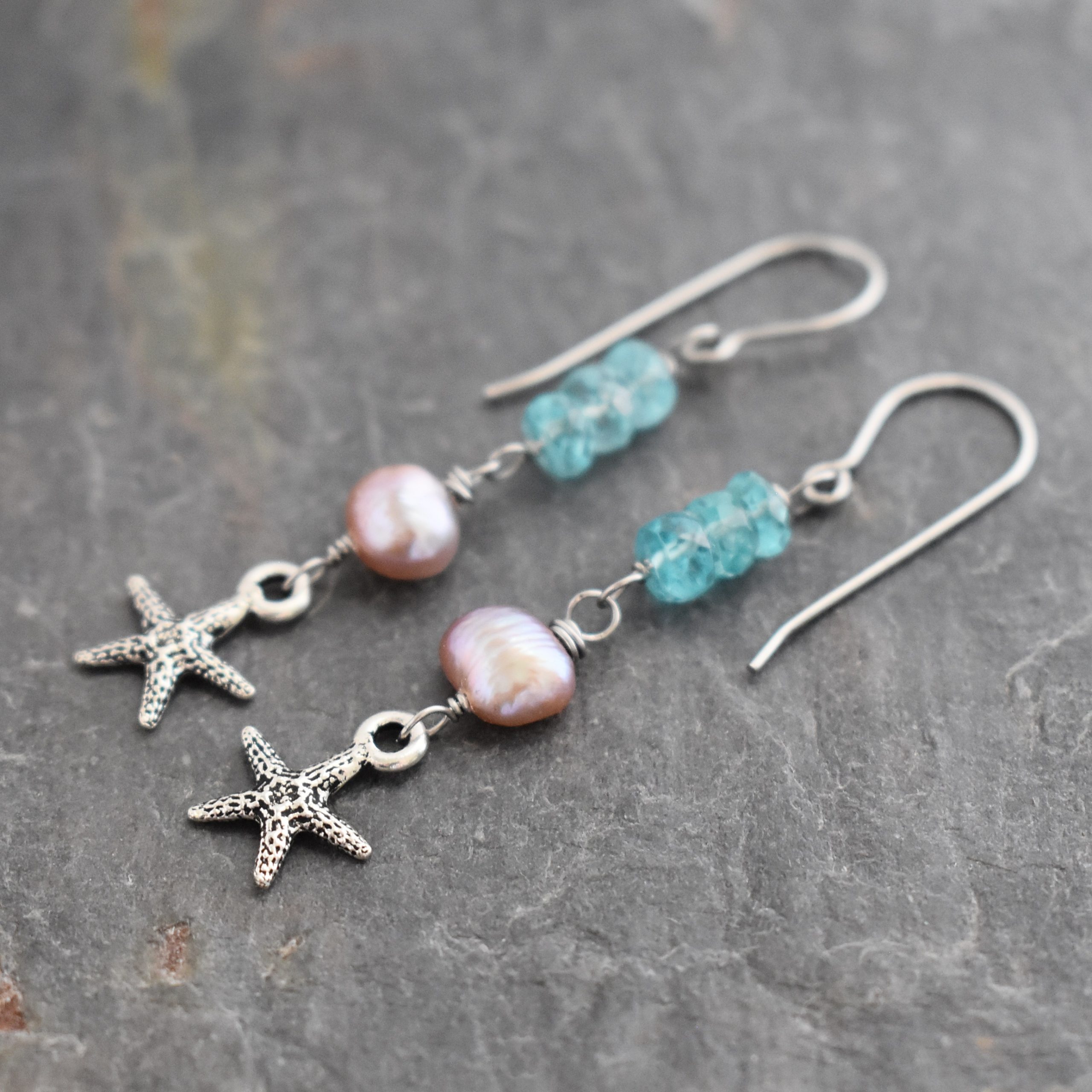Blue apatite pearl starfish earrings (4)