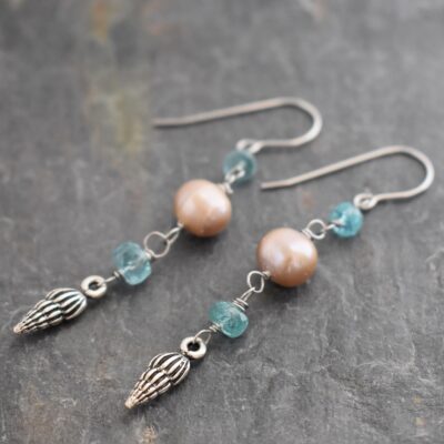 Blue apatite pearl seashell earrings