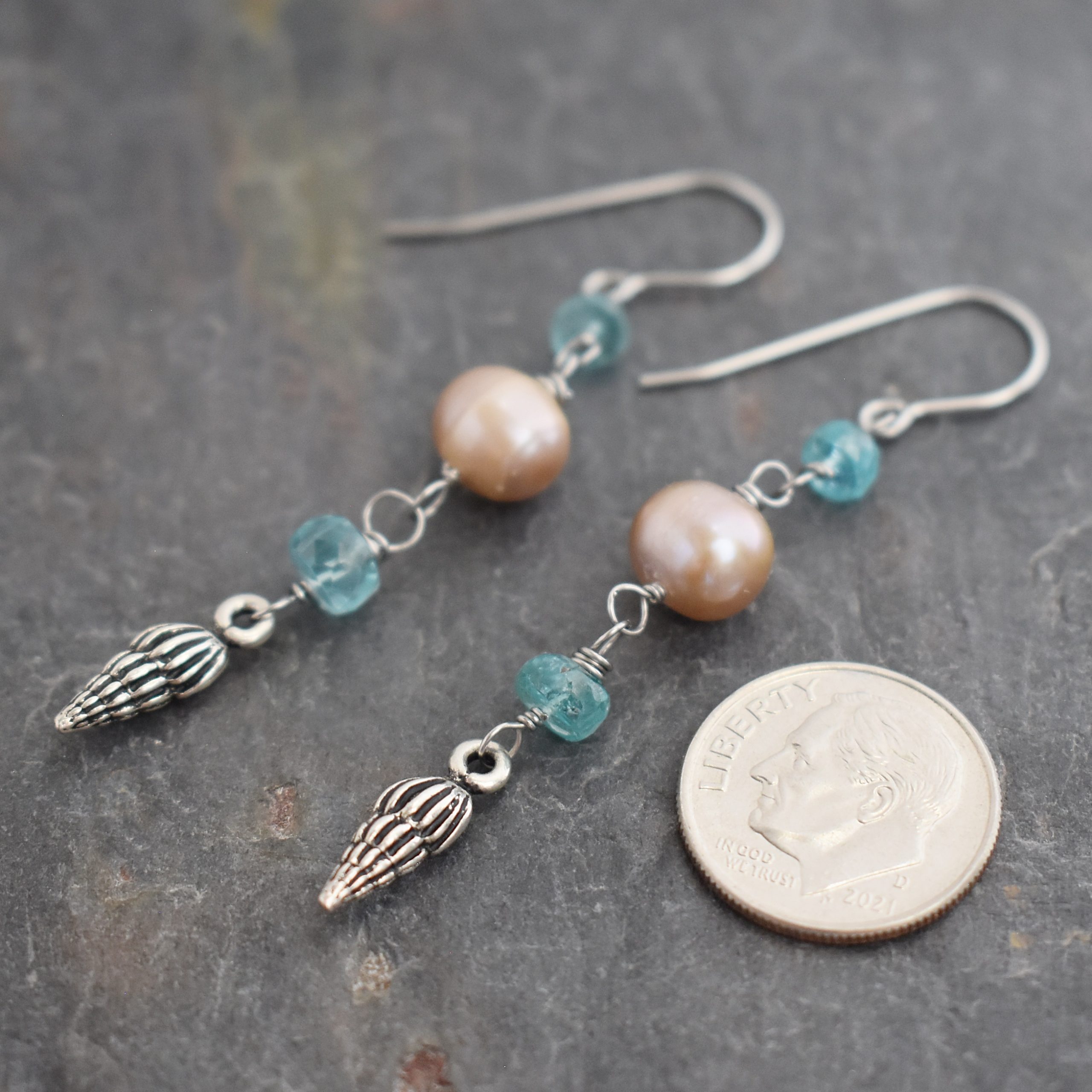 Blue apatite pearl seashell earrings