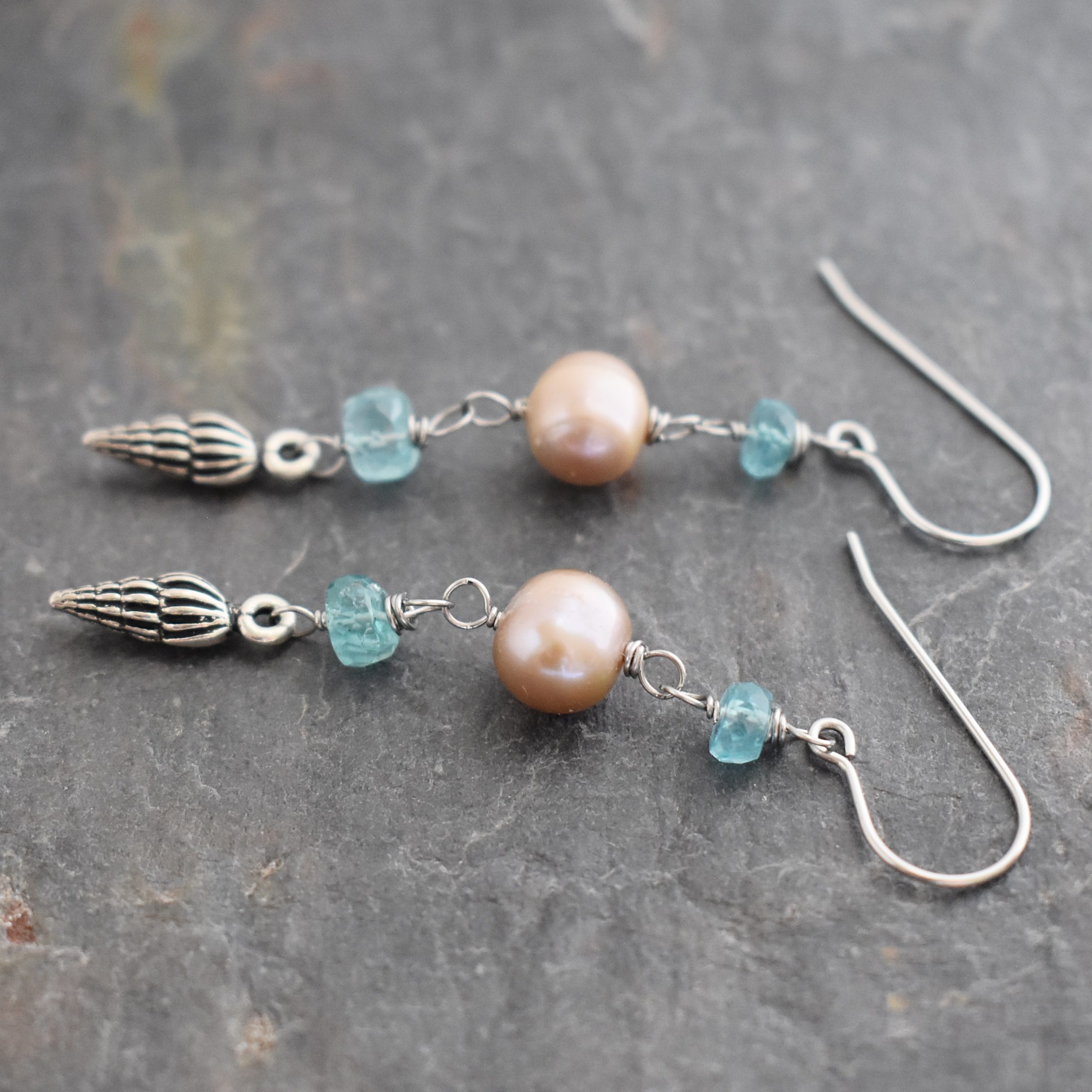 Blue apatite pearl seashell earrings