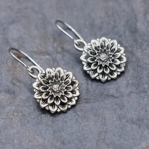 silver 3d dahlia flower dangle earrings