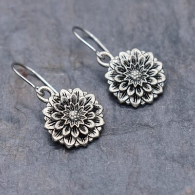 silver 3d dahlia flower dangle earrings