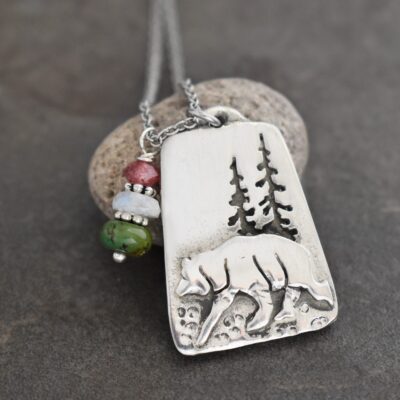 Bear in Woods strawberry quartz ,turquoise necklace