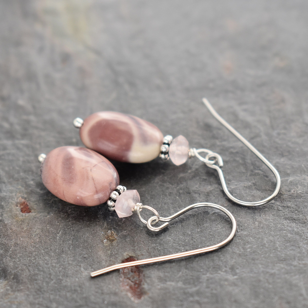 Rose quartz and Exoctic Jasper oval earrings (2)