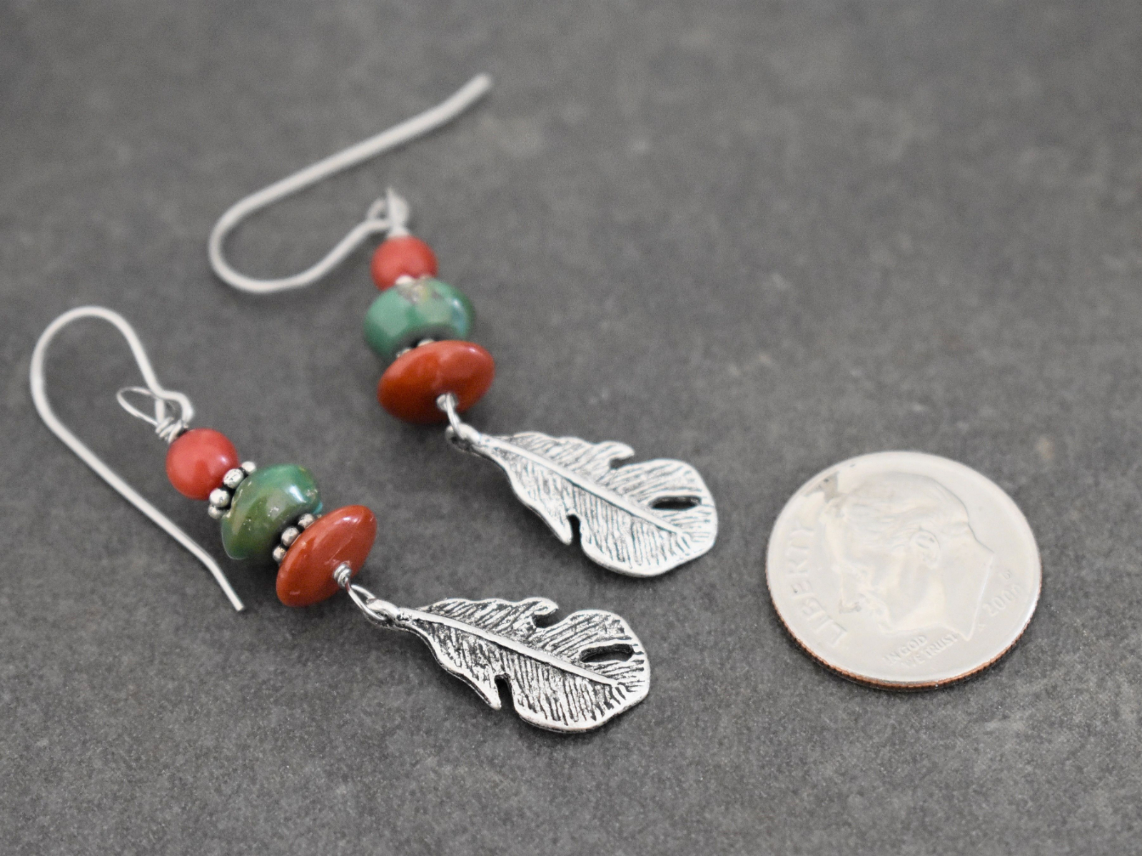 Feather earrings with coral and turquoise