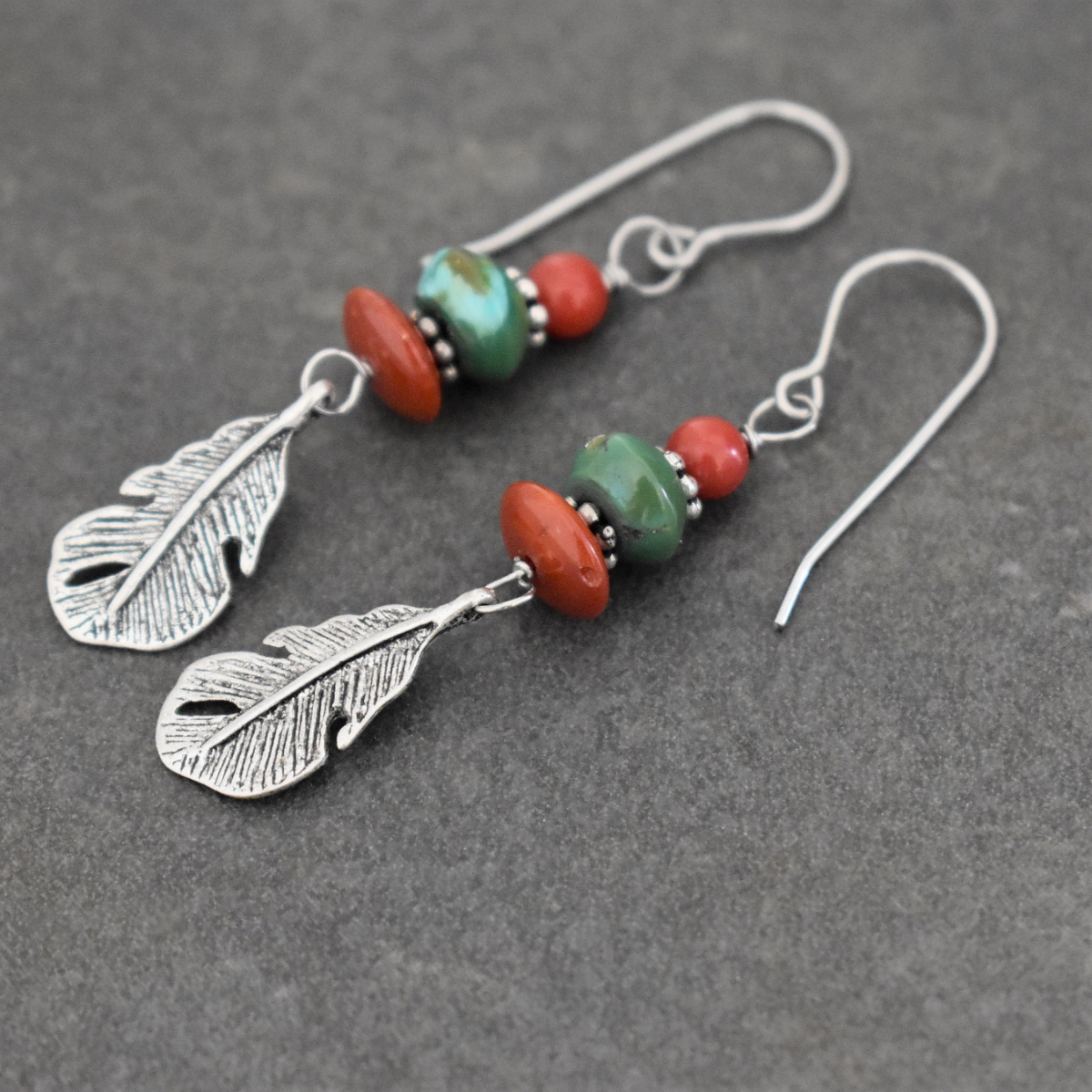 Coral & Turquoise Feather earrings