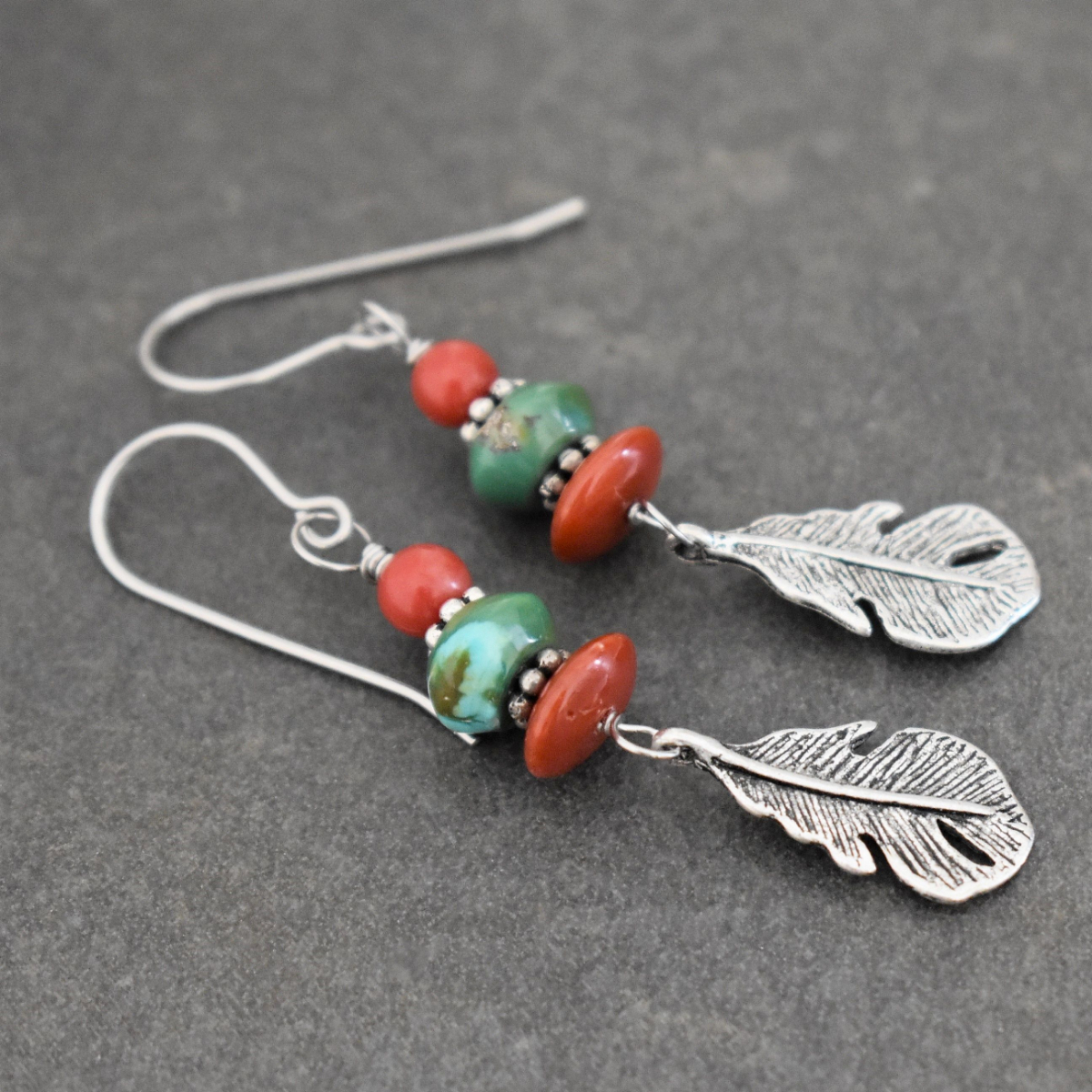 Feather earrings with coral and turquoise