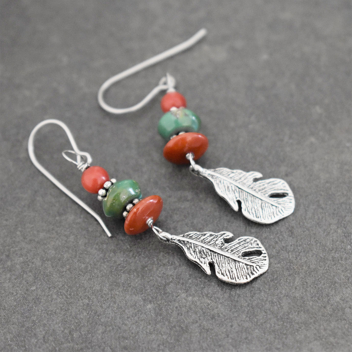 Feather earrings with coral and turquoise