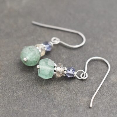 Small gemstone earrings, lavender gray iolite, smoky quartz and green aventurine gemstones with silver spacer beads.