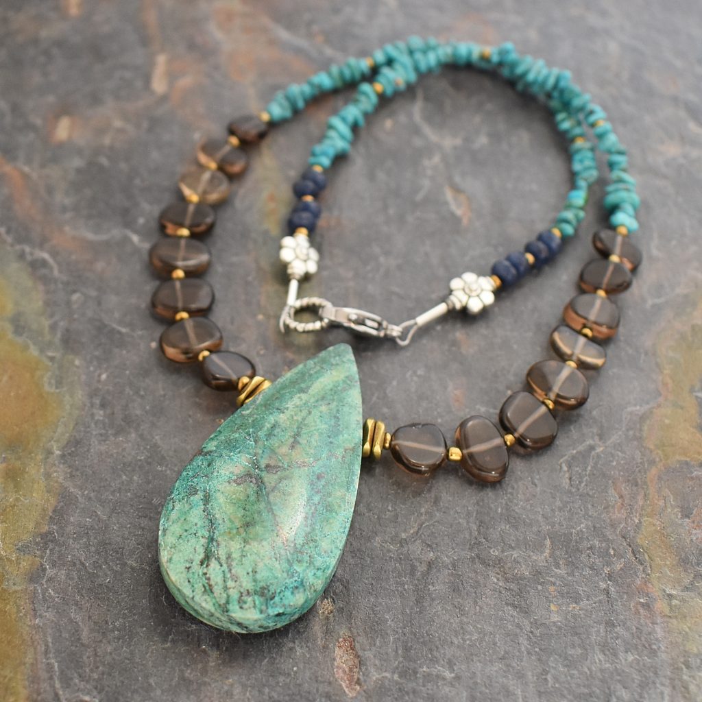 Frosted Chrysocolla Beaded Necklace Copper Pendant